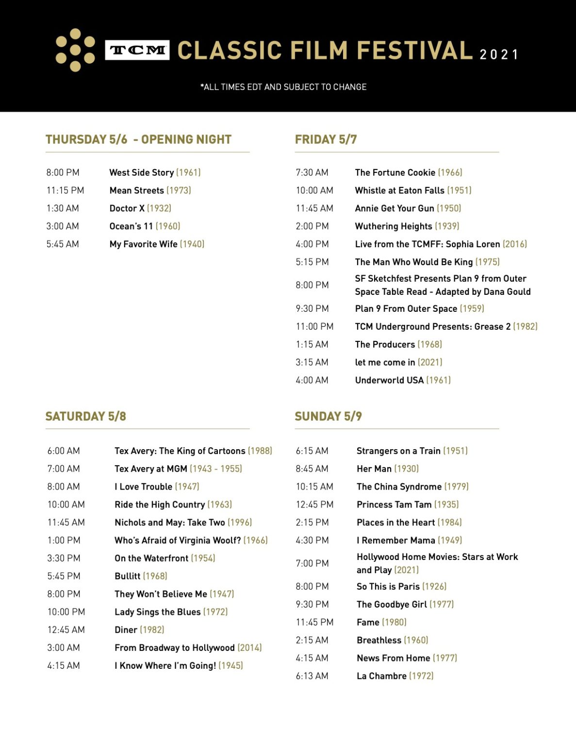 Full Schedule Released For 2021 TCM Classic Film Festival. Criticologos
